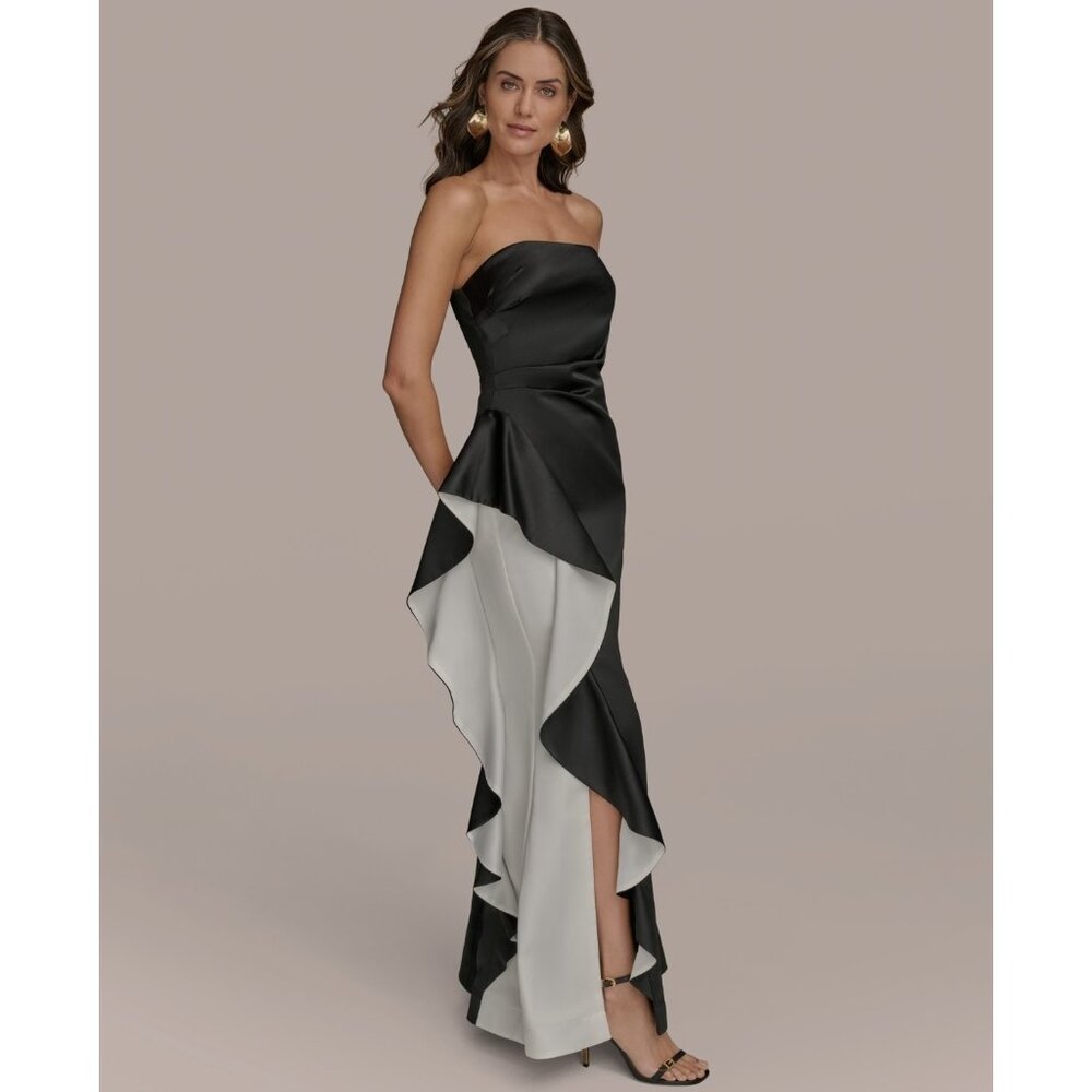 Donna Karan New York Strapless Contrast Ruffle Trim Slit Gown Size 6 Black $299 - Picture 2 of 6